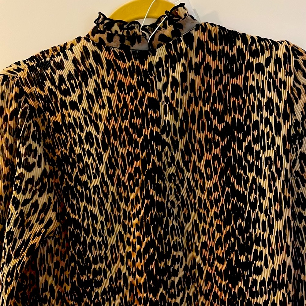 Ganni Ruffled-neck leopard-print plissé georgette top..